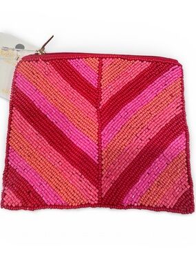 KayLee New York Handmade Seed Bead Coin Purse Pink Red Striped Zip Pouch